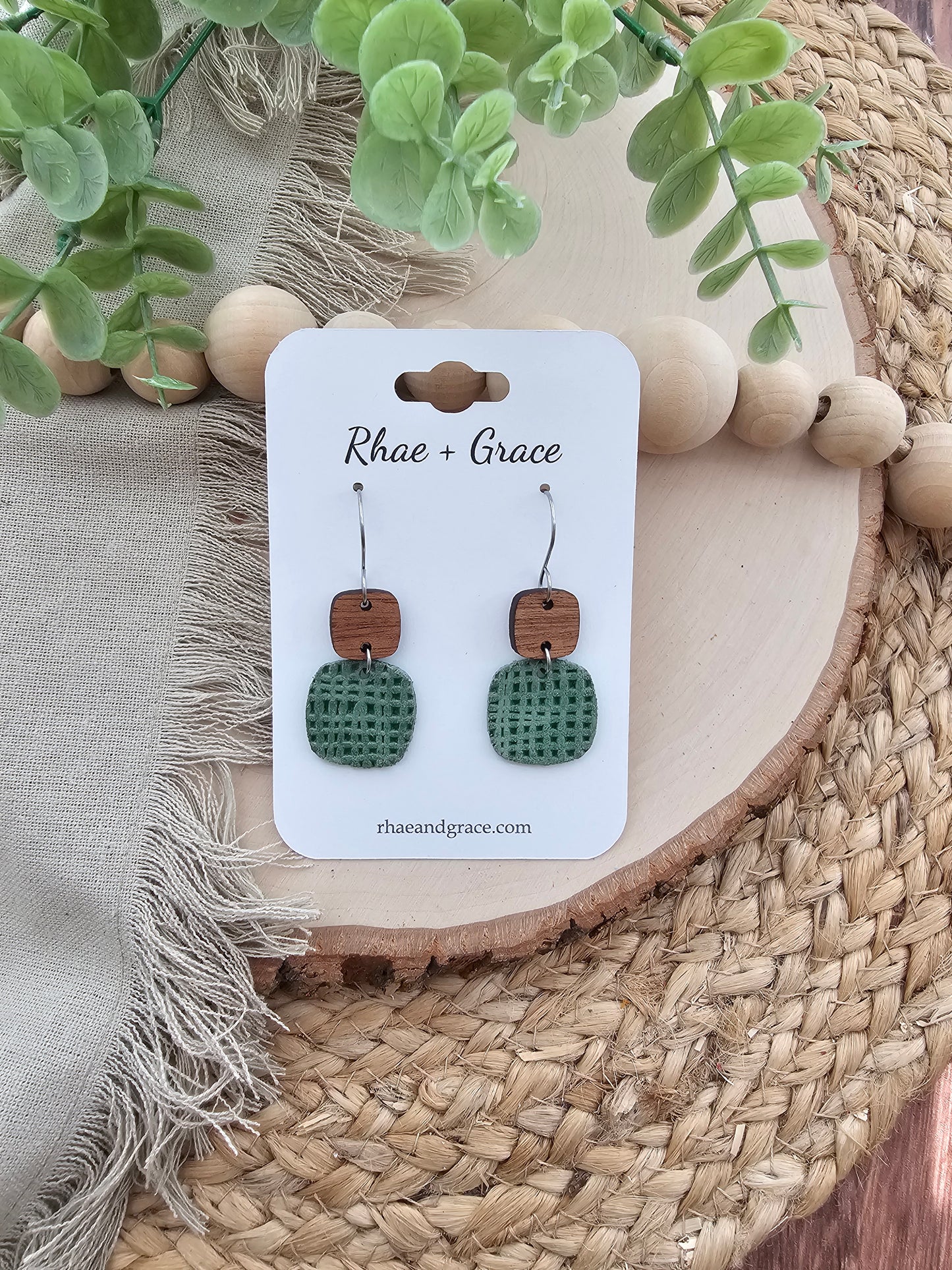 Green Linen Embossed Rounded Square Earrings