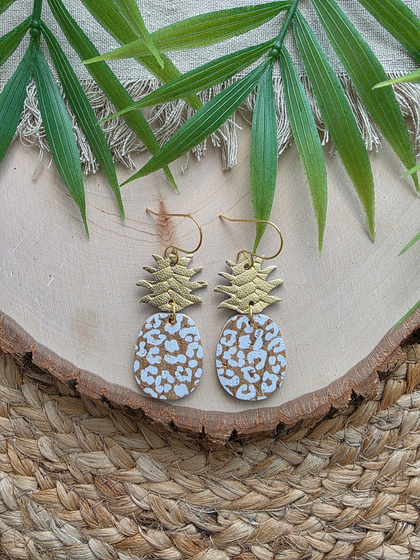 White & Gold Leopard Print Pineapple Earrings