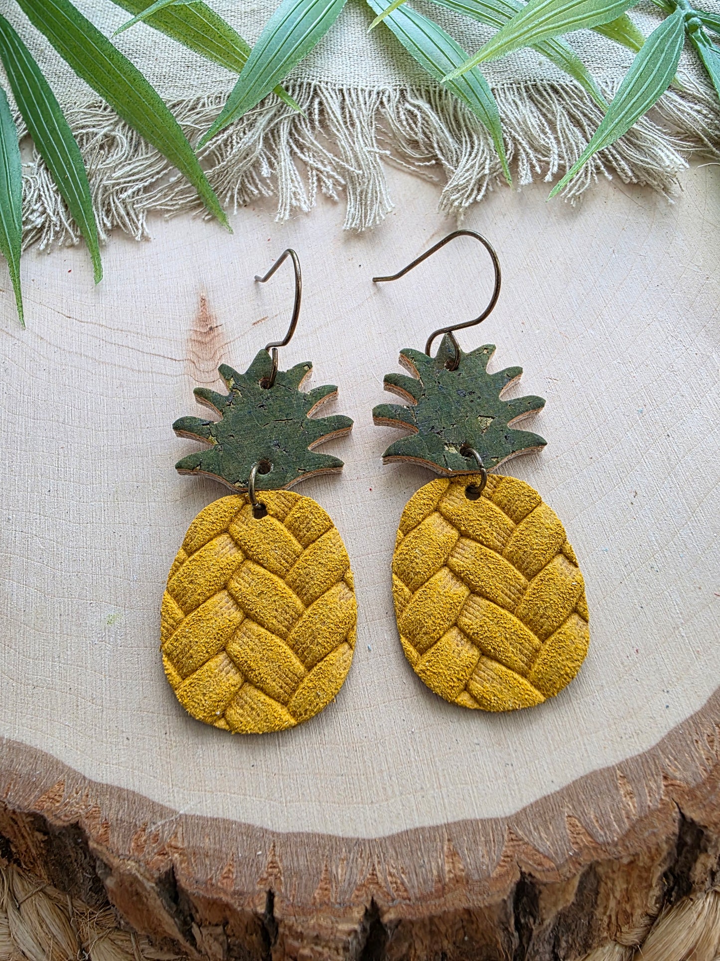 Yellow Embossed Leather Pineapple Earrings