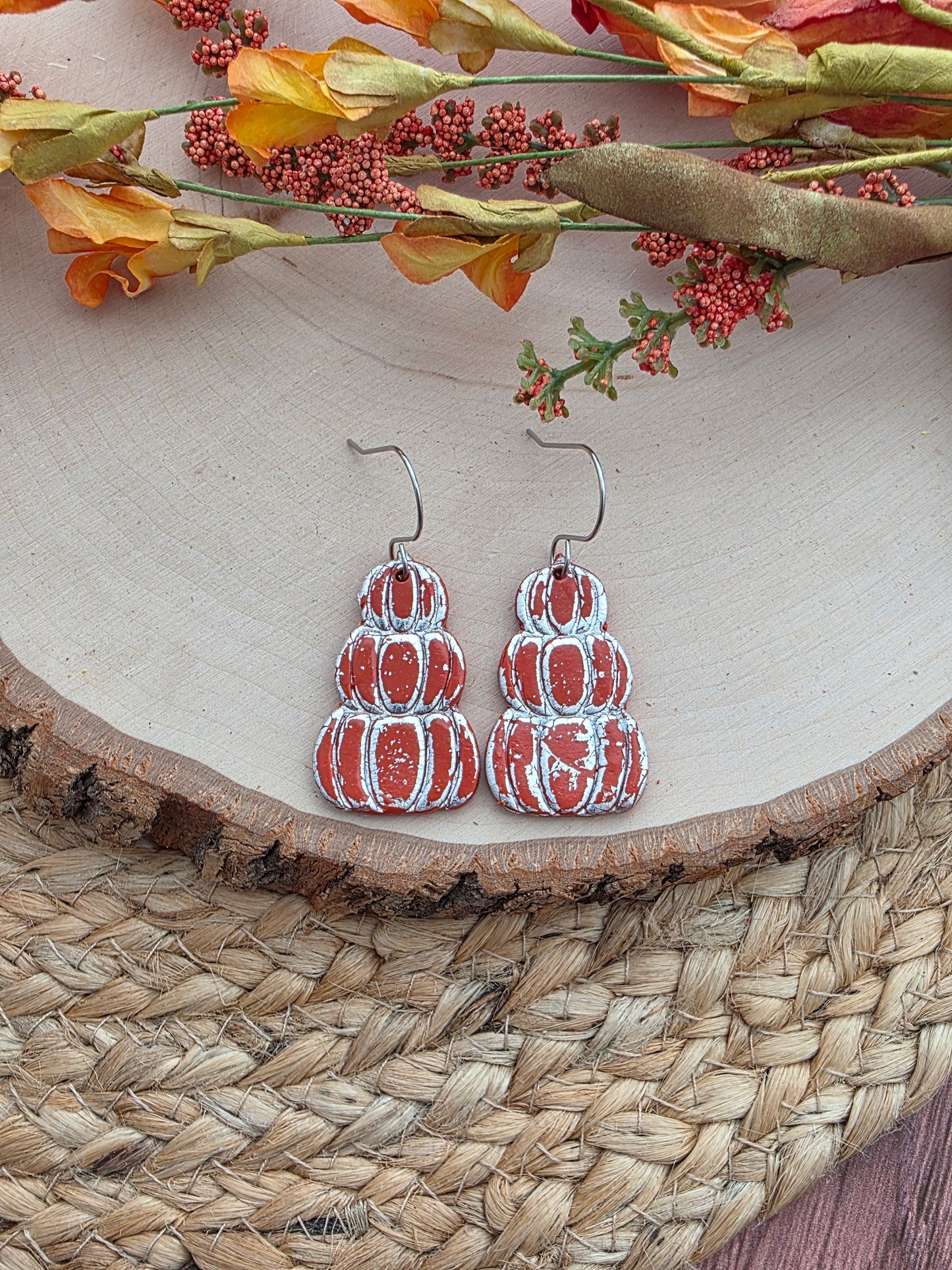 Orange & Silver Stacked Pumpkin Earrings - Polymer Clay