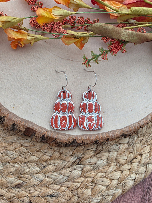 Orange & Silver Stacked Pumpkin Earrings - Polymer Clay