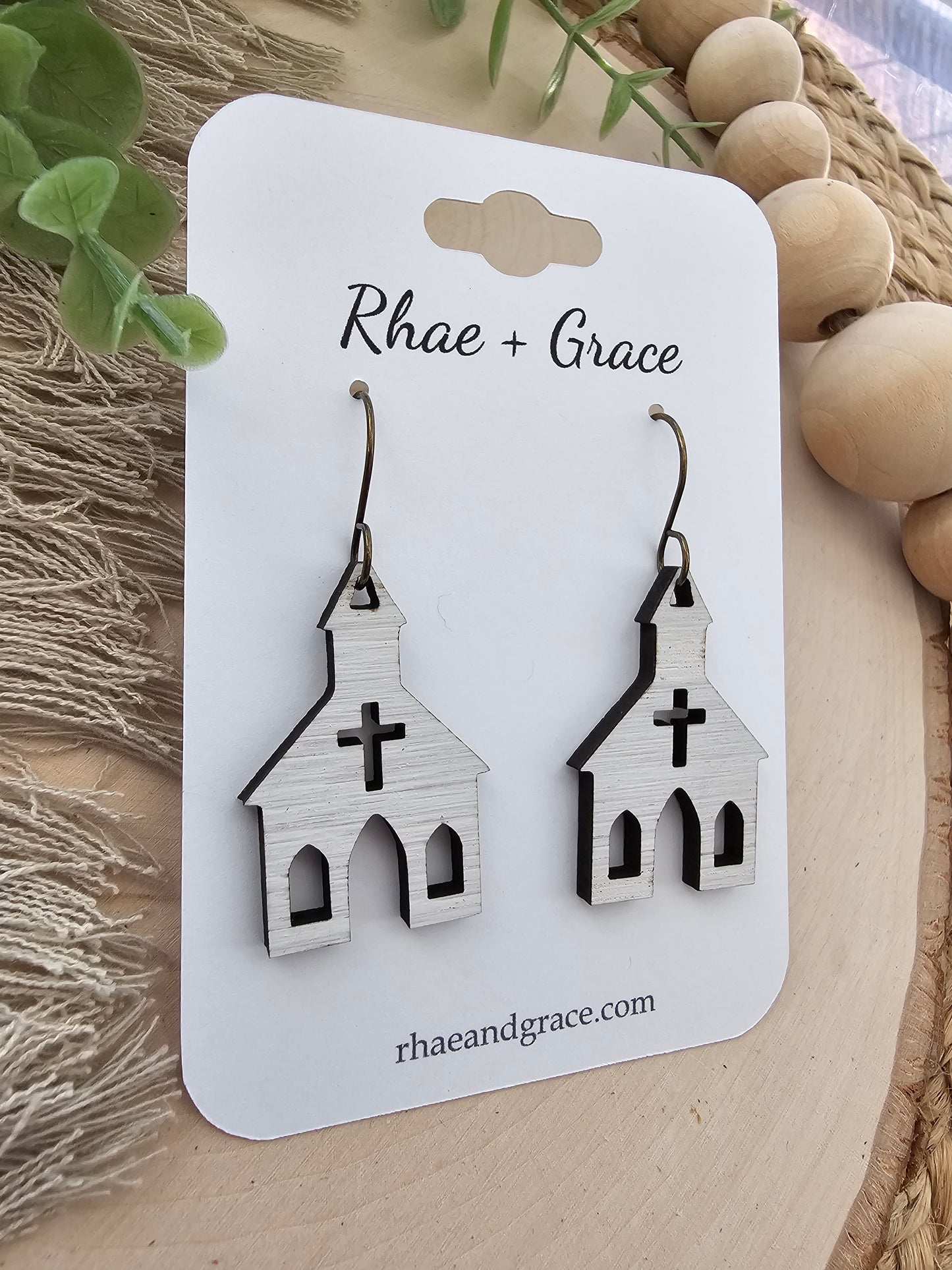 Little White Church Wood Earrings