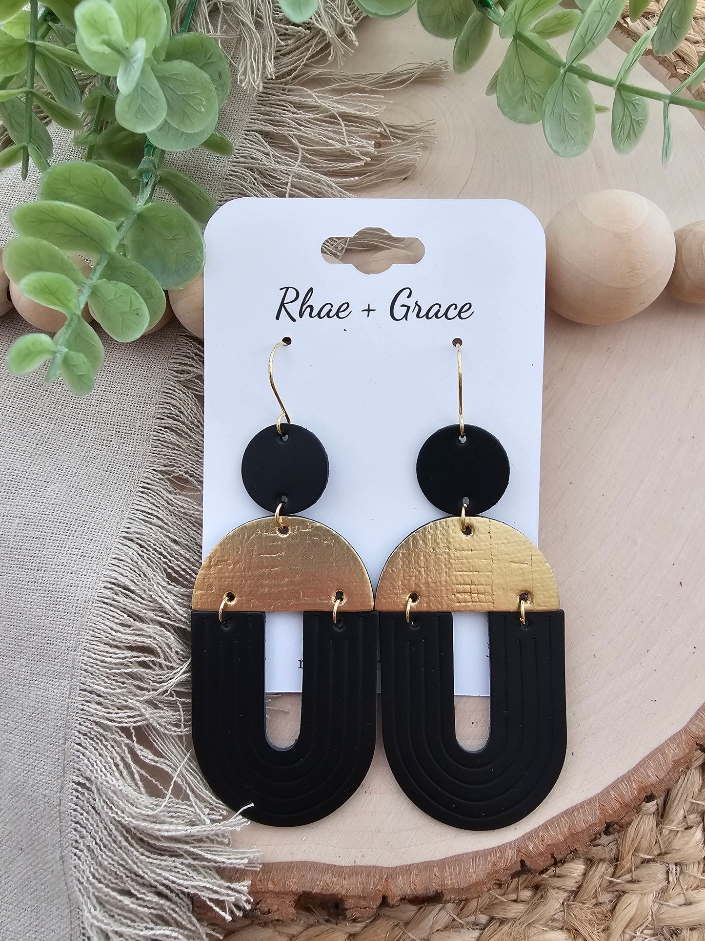 Black & Gold Embossed Extra Large "U" Earrings