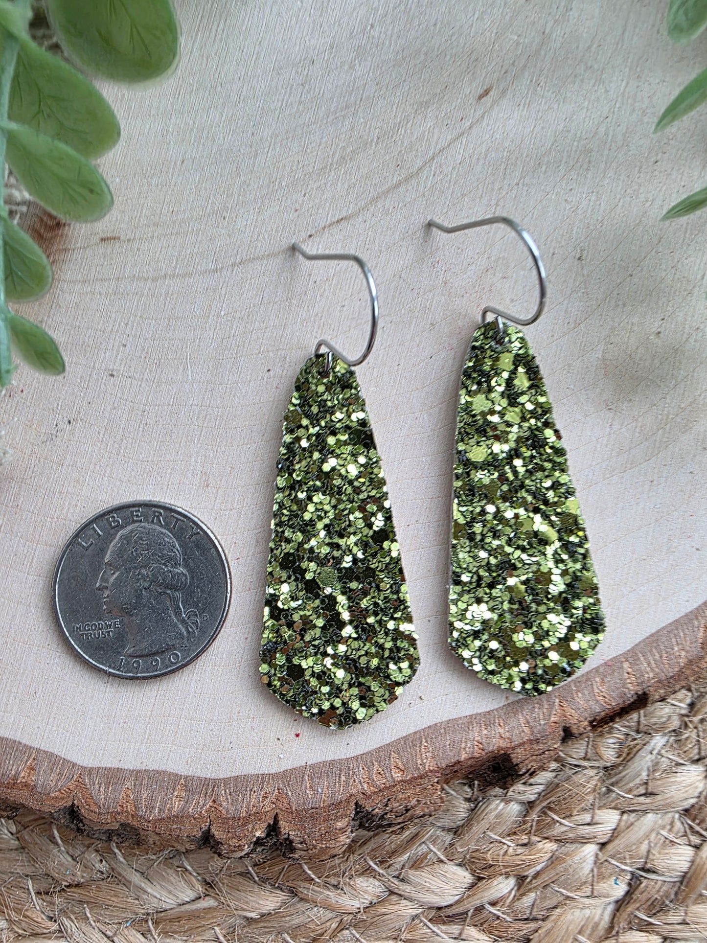 Avocado Green Glitter Skinny Drop Earrings