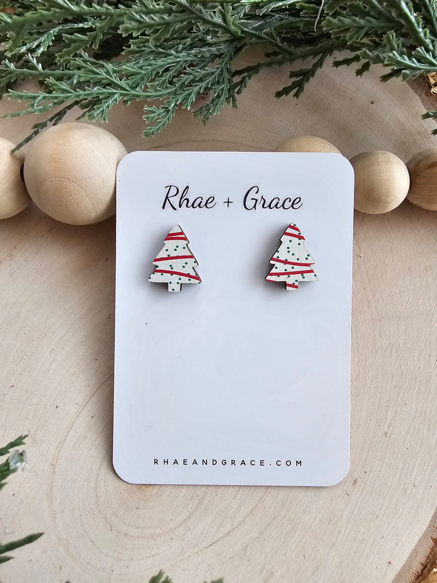 Christmas Tree Cake Wood Stud Earrings