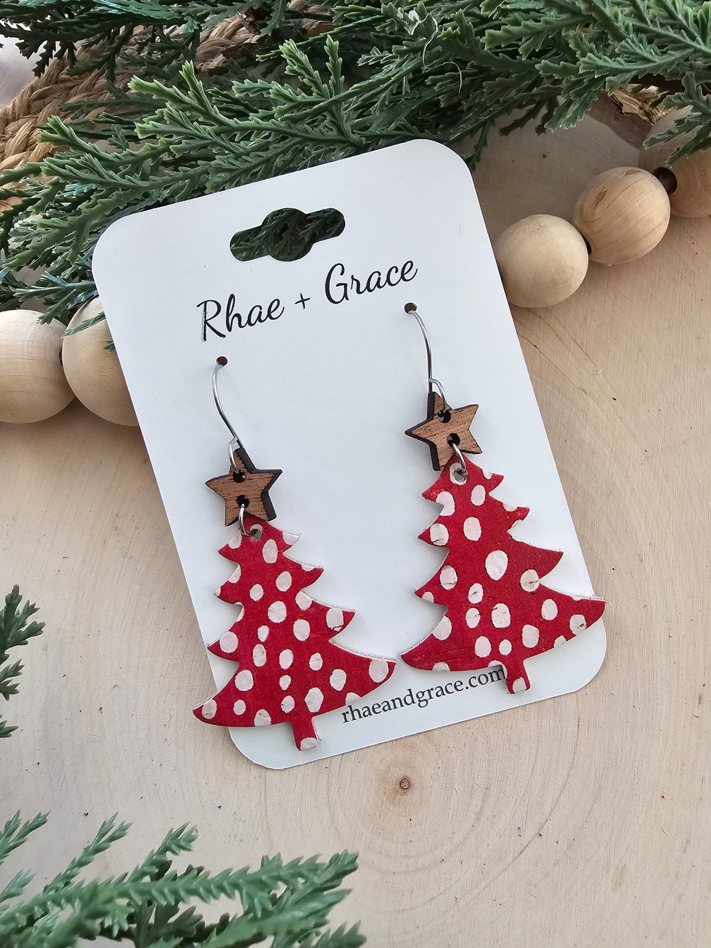 Red & White Spotted Christmas Tree Earrings