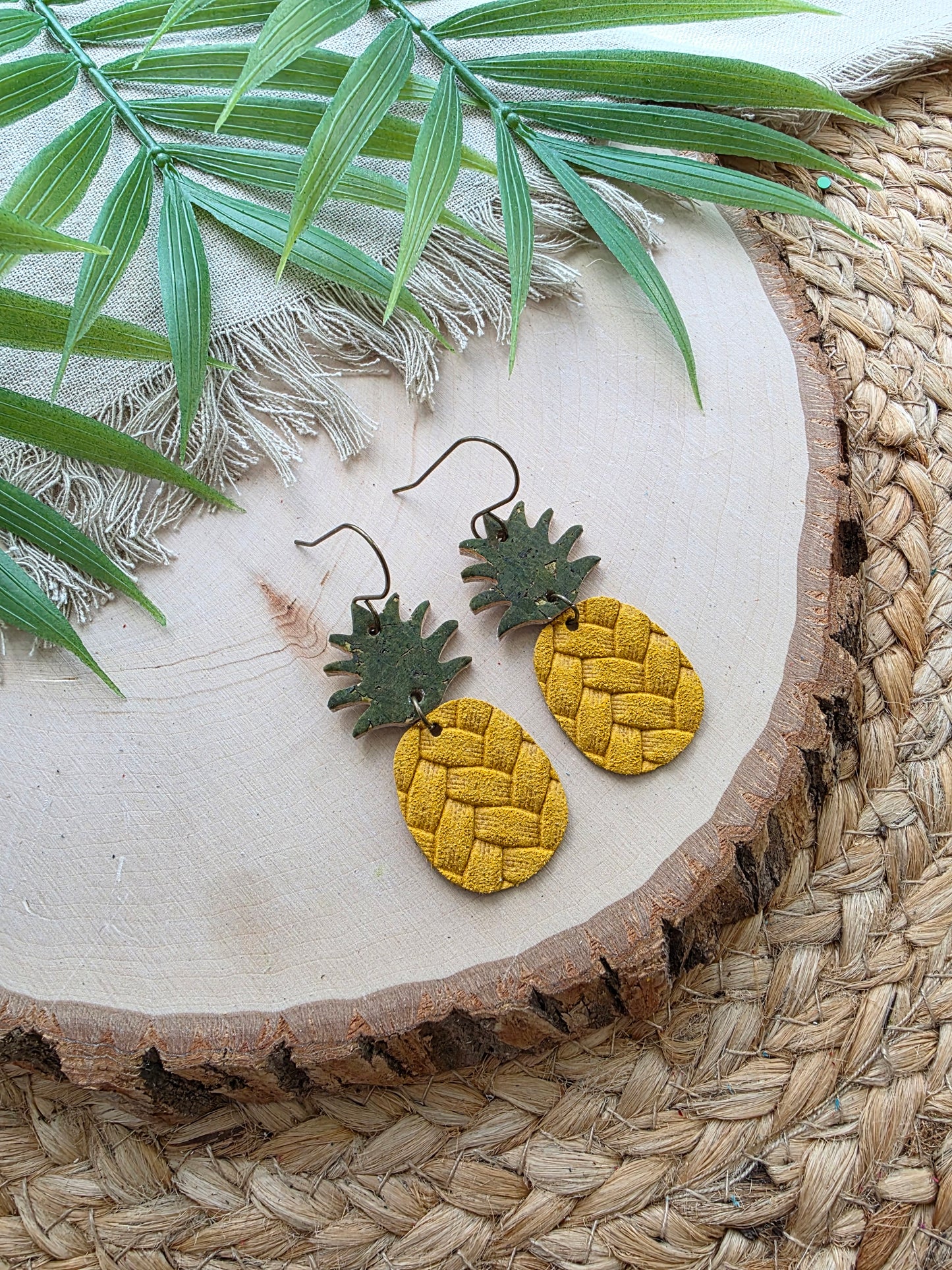 Yellow Embossed Leather Pineapple Earrings