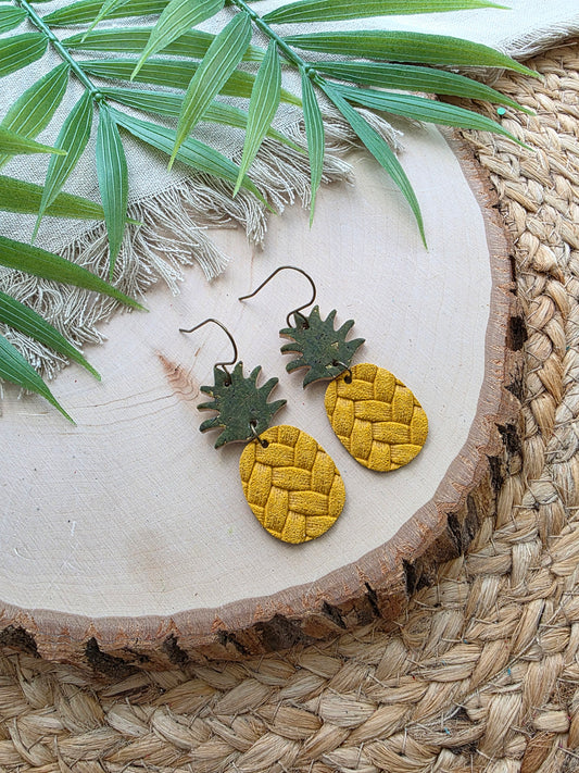 Yellow Embossed Leather Pineapple Earrings