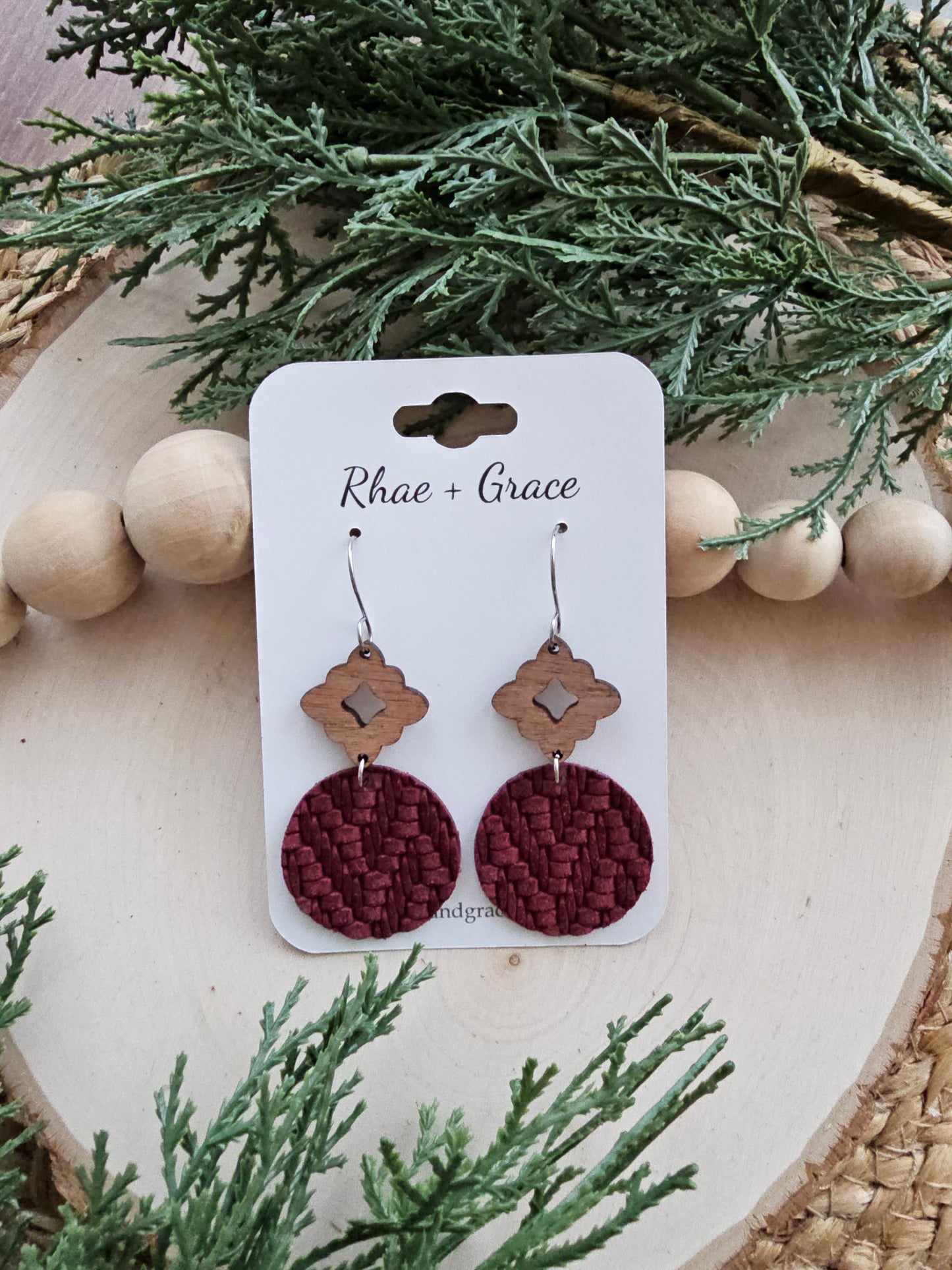 Wine Knit Circle Drop Earrings