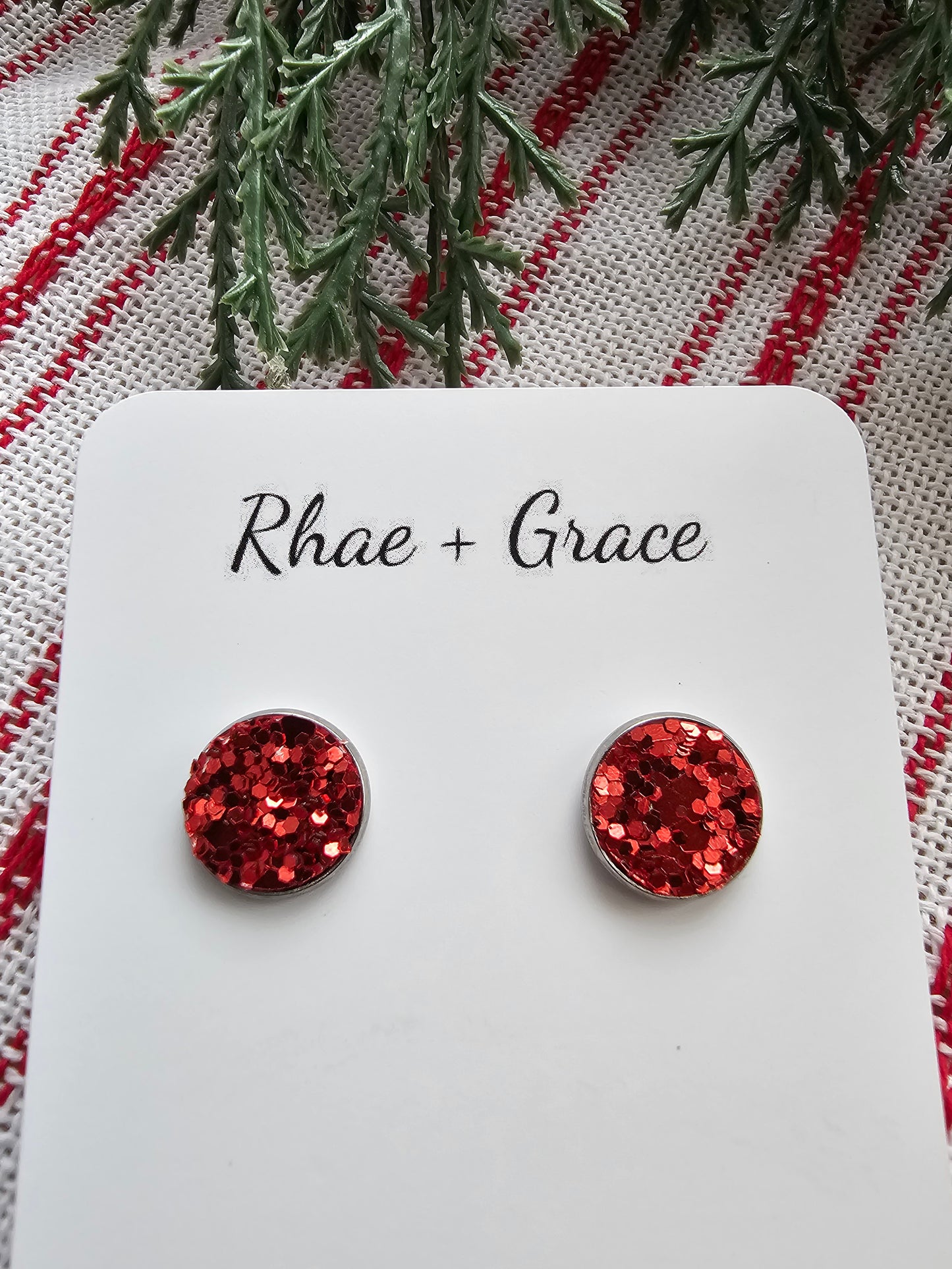 Red Glitter Stud Earrings - 12mm