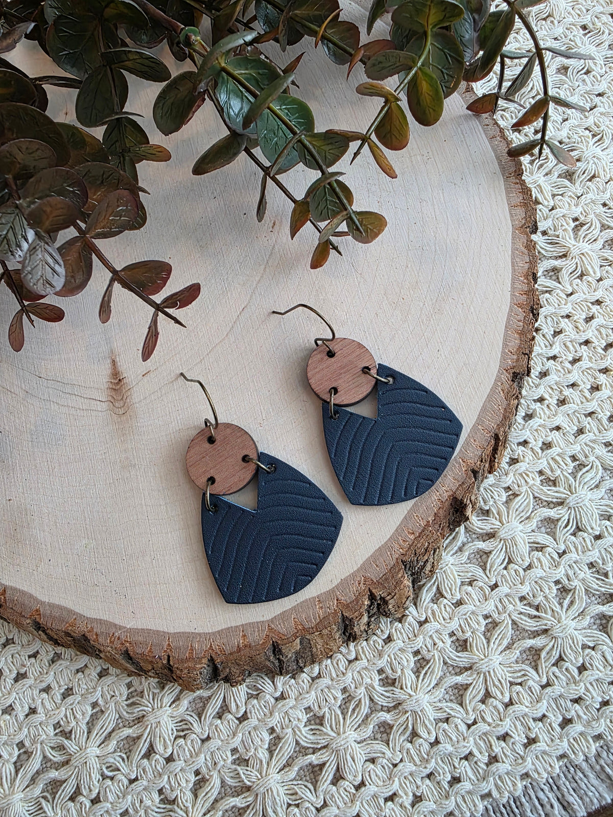 Geometric Boho Embossed Chevron Earrings - Navy Blue