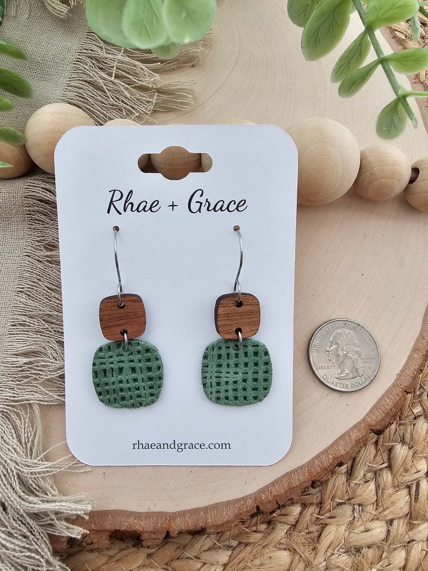 Green Linen Embossed Rounded Square Earrings