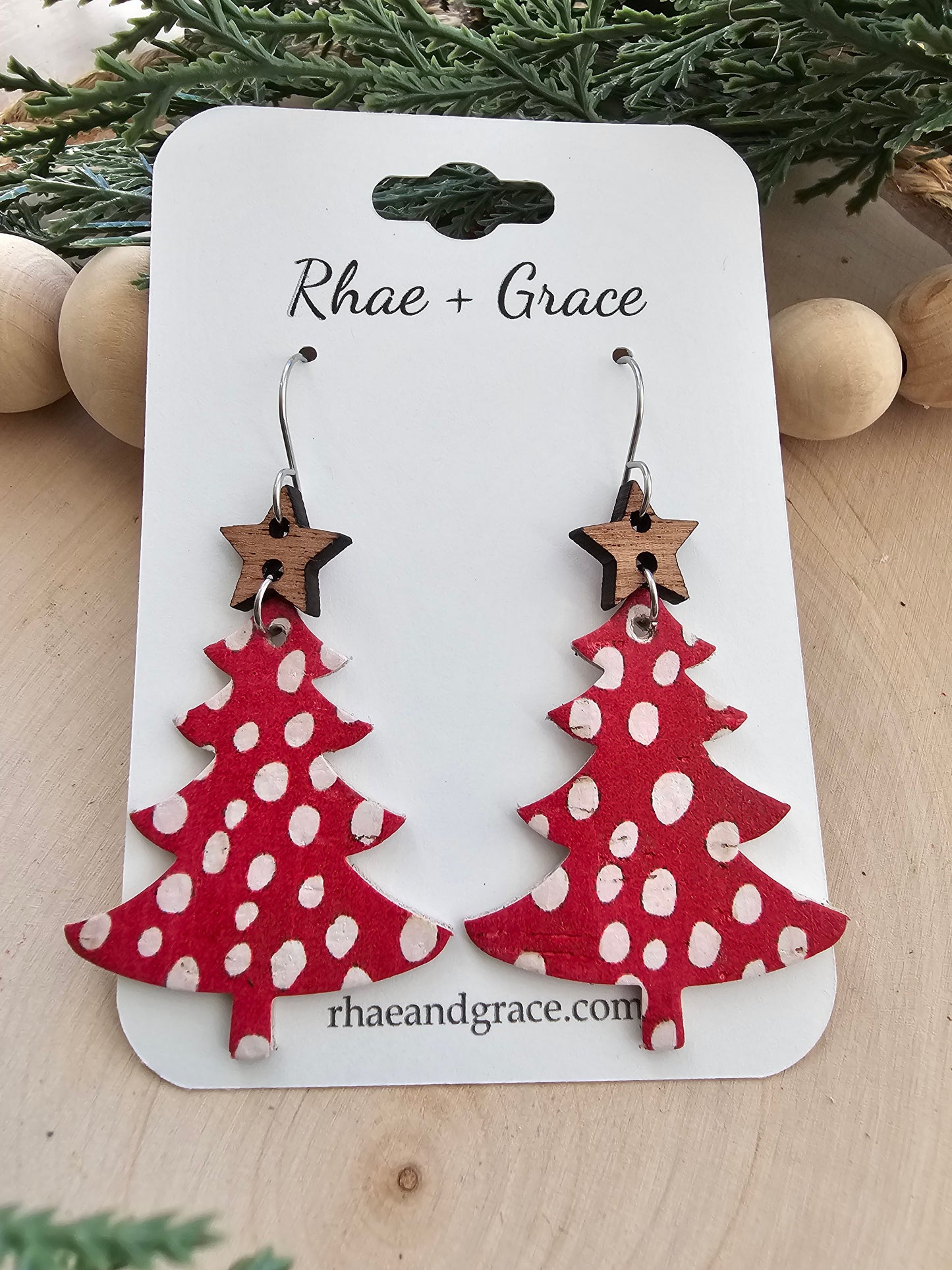 Red & White Spotted Christmas Tree Earrings