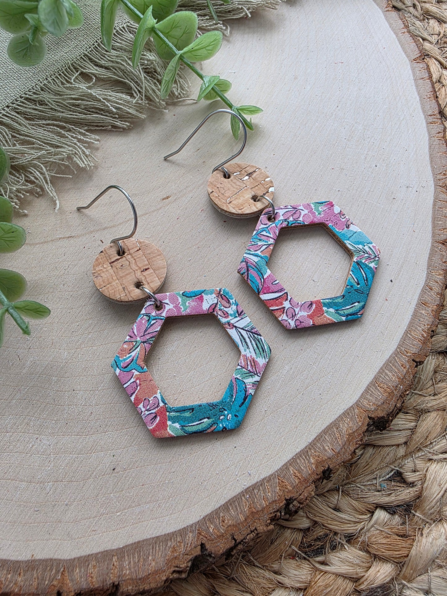 Tropical Monstera Hexagon Cutout Earrings