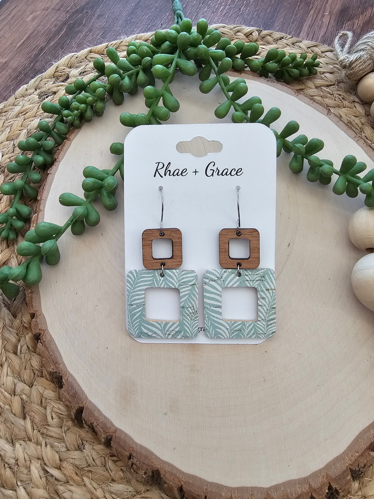 Seafoam Foliage Rounded Square Cutout Earrings