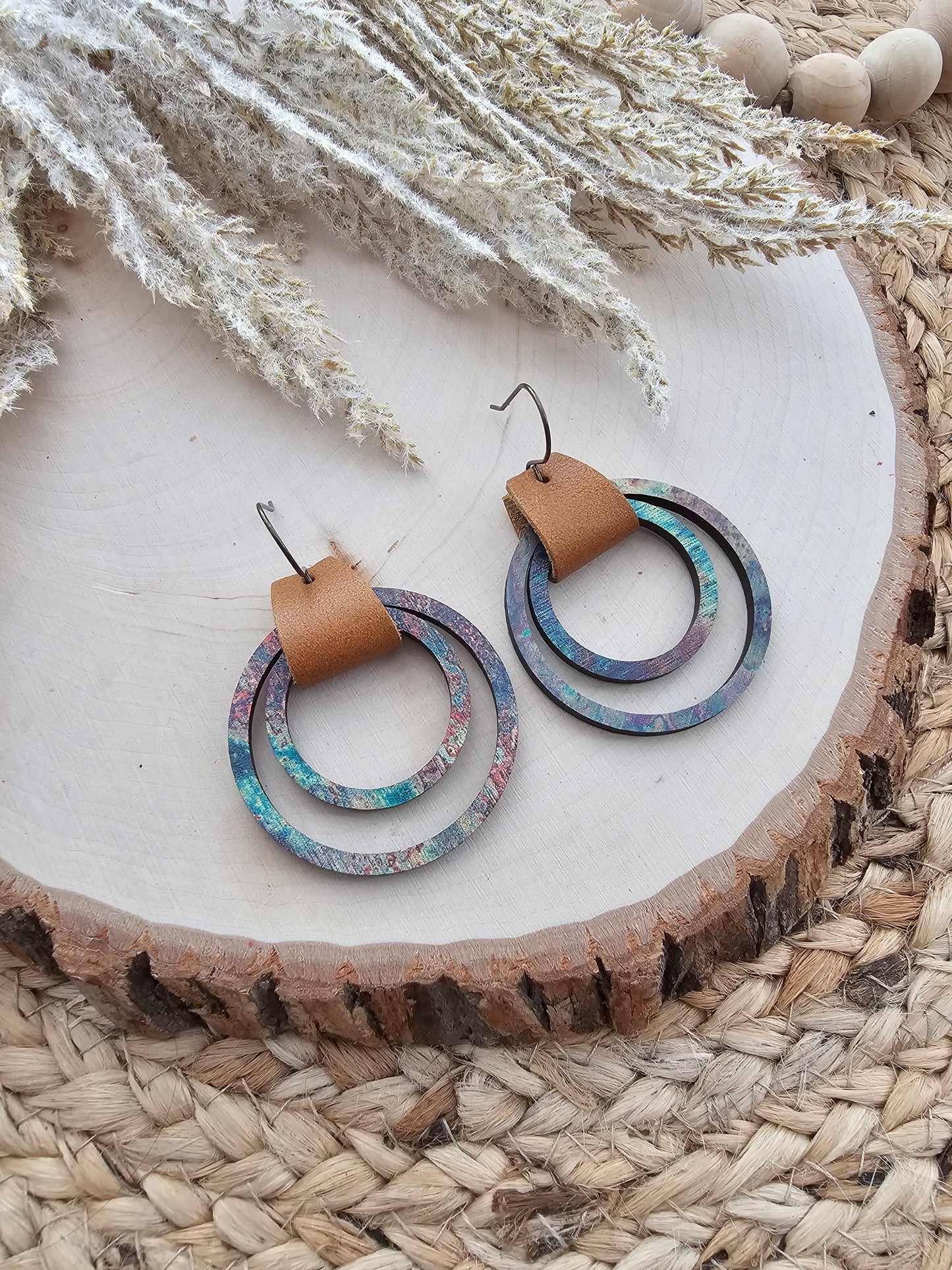 Rustic Leather & Wood Hoop Earrings