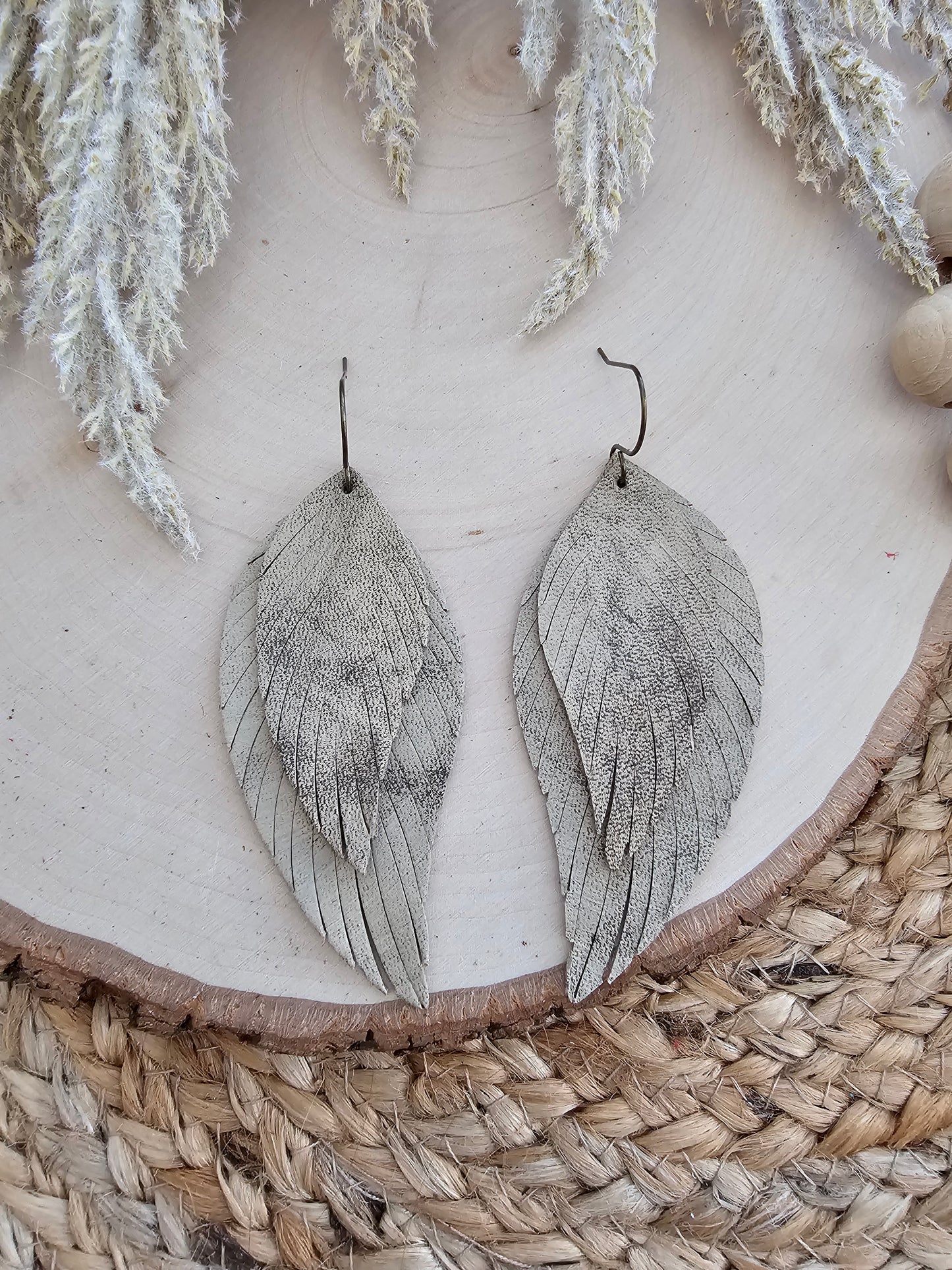 Distressed Tan Boho Fringe Feather Earrings