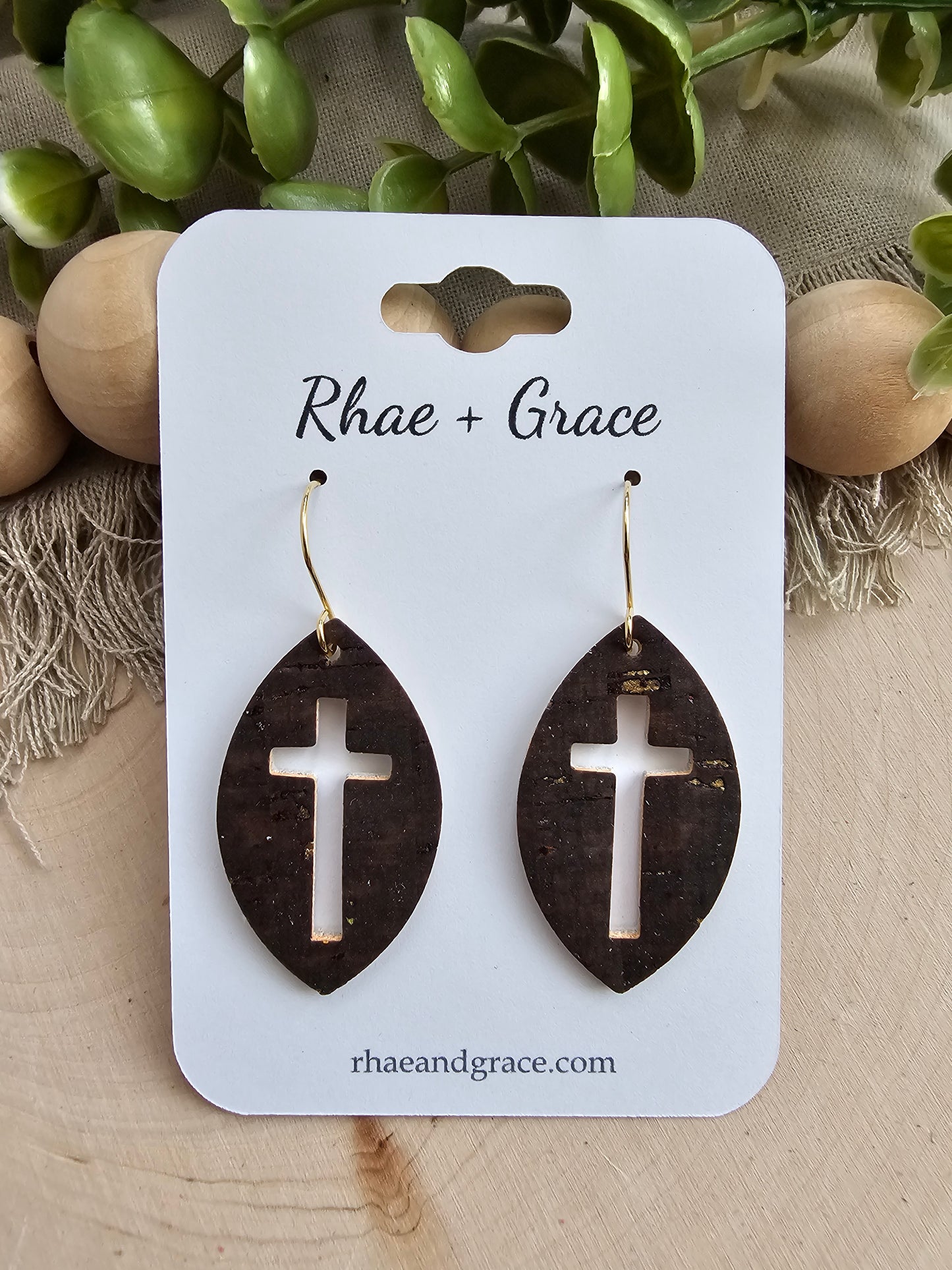 Brown & Gold Cross Cutout Leaf Earrings