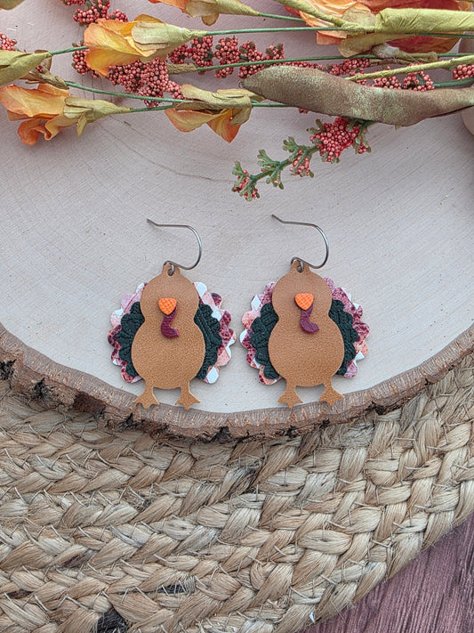 Burgundy Plaid & Green Turkey Earrings