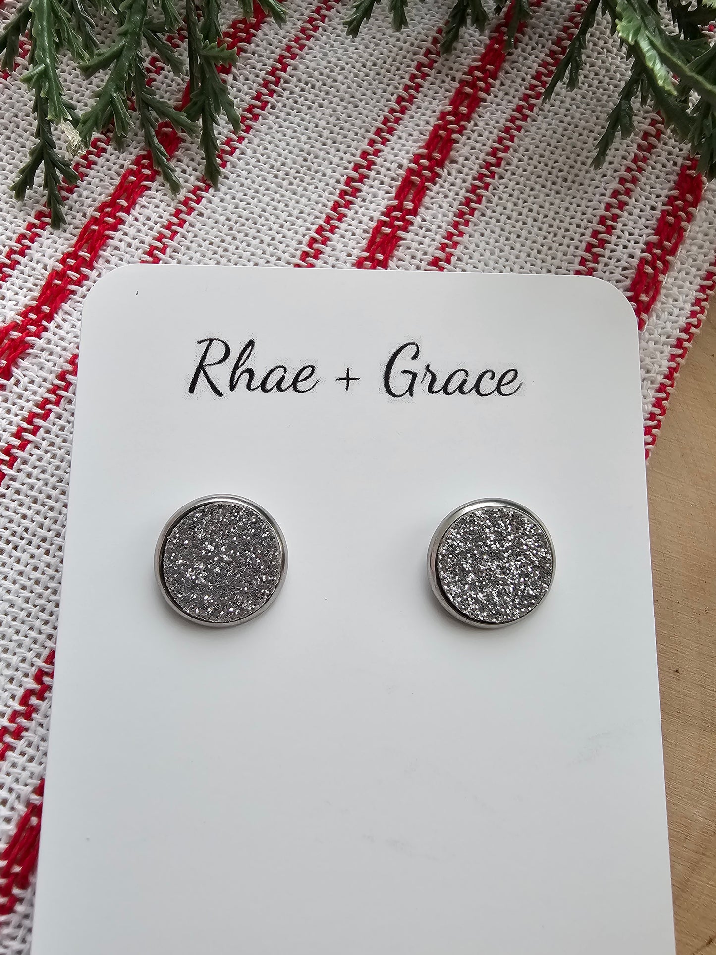 Silver Glitter Stud Earrings - 12mm