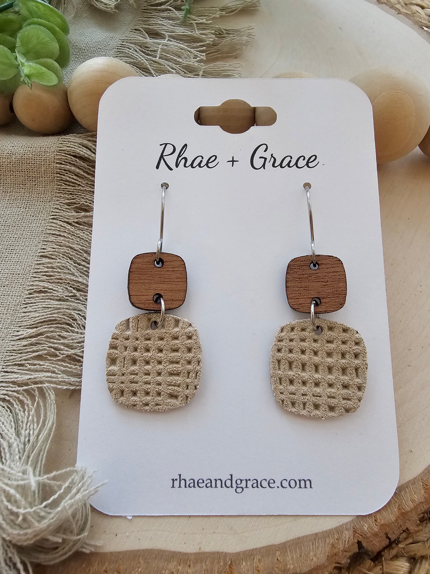 Beige Tan Embossed Rounded Square Earrings