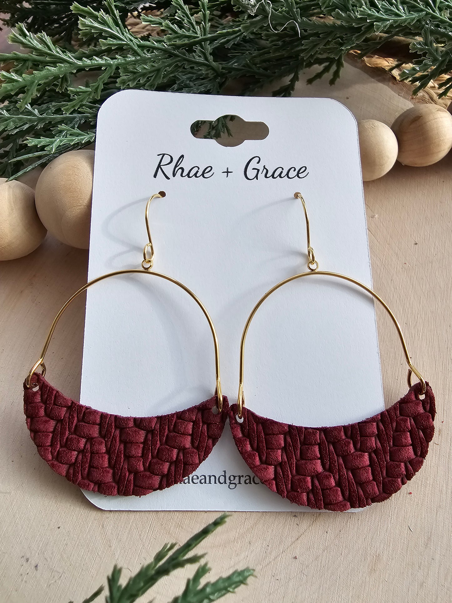 Wine Knit Embossed Crescent Hoop Leather Earrings