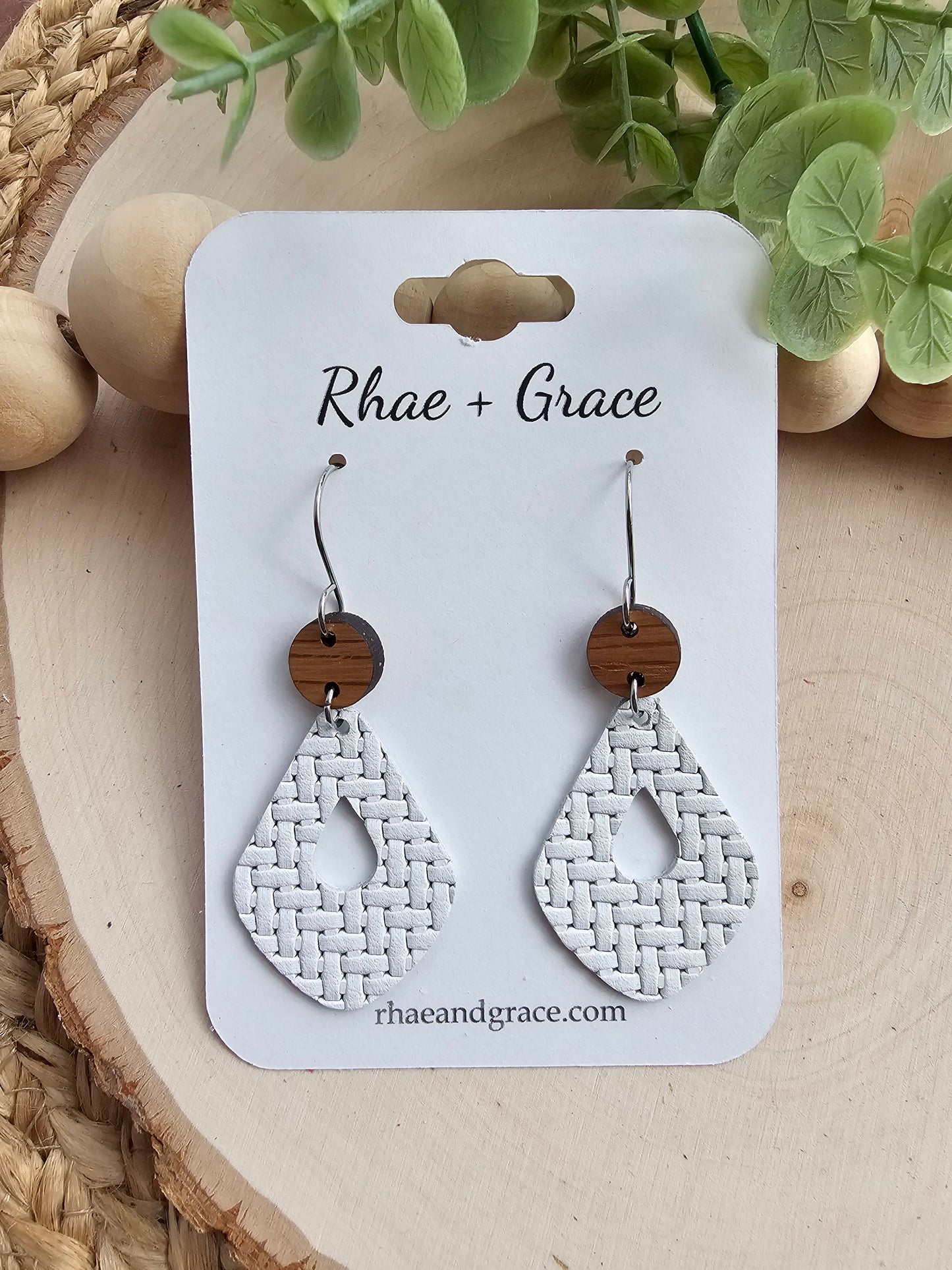 White Basket Weave Open Drop Earrings