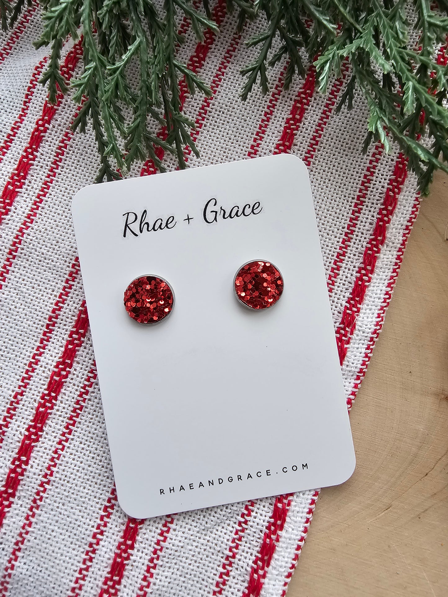 Red Glitter Stud Earrings - 12mm