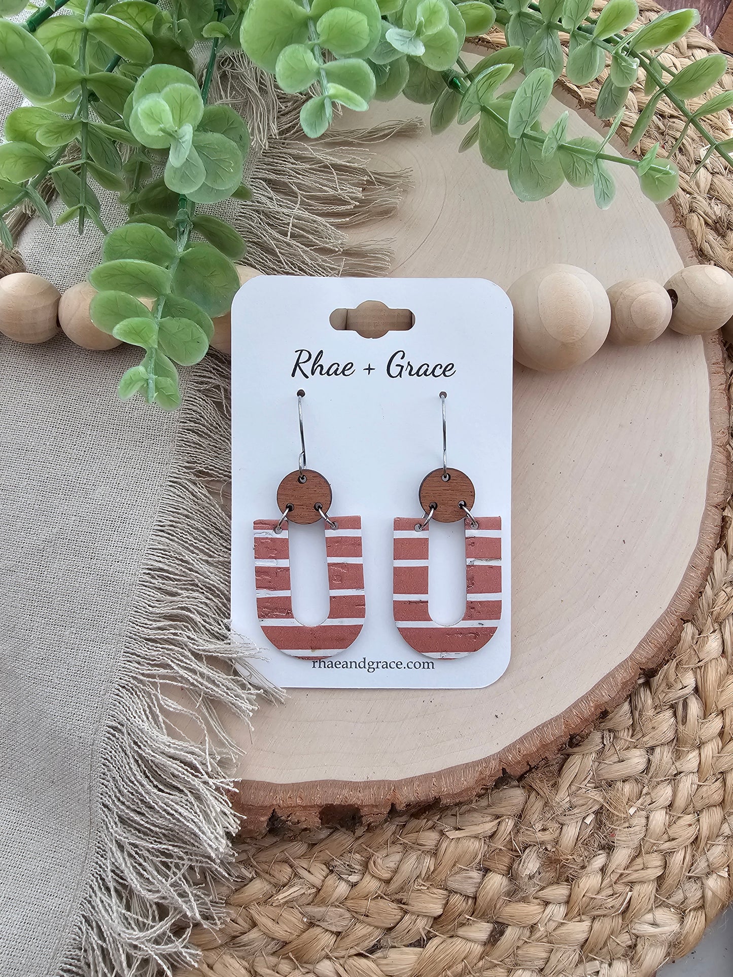 Terracotta Tan & White Striped "U" Earrings