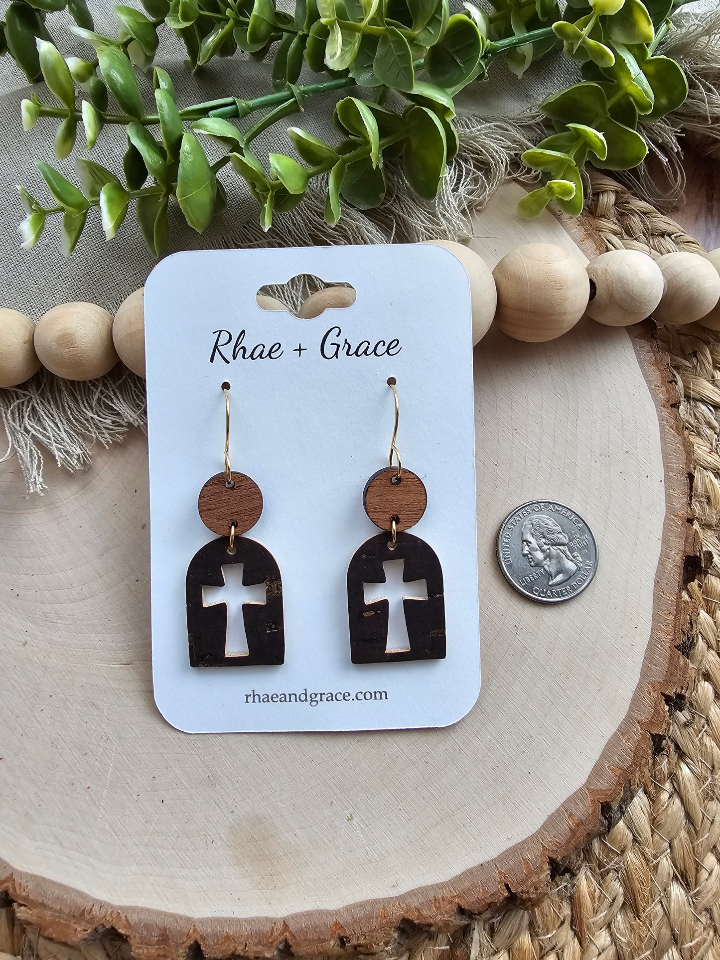 Brown & Gold Cross Cutout Arch Earrings