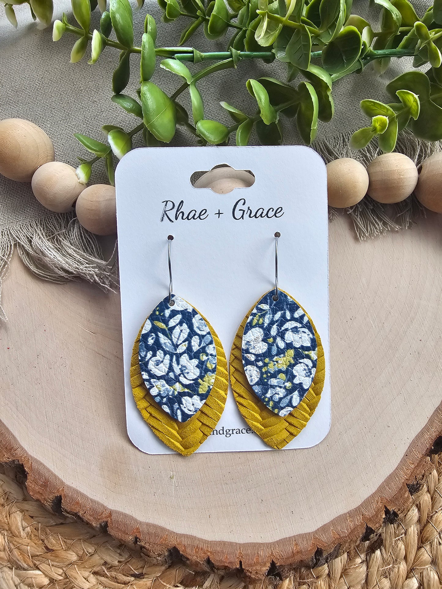 Navy, Mustard & White Poppies Layered Leaf Earrings