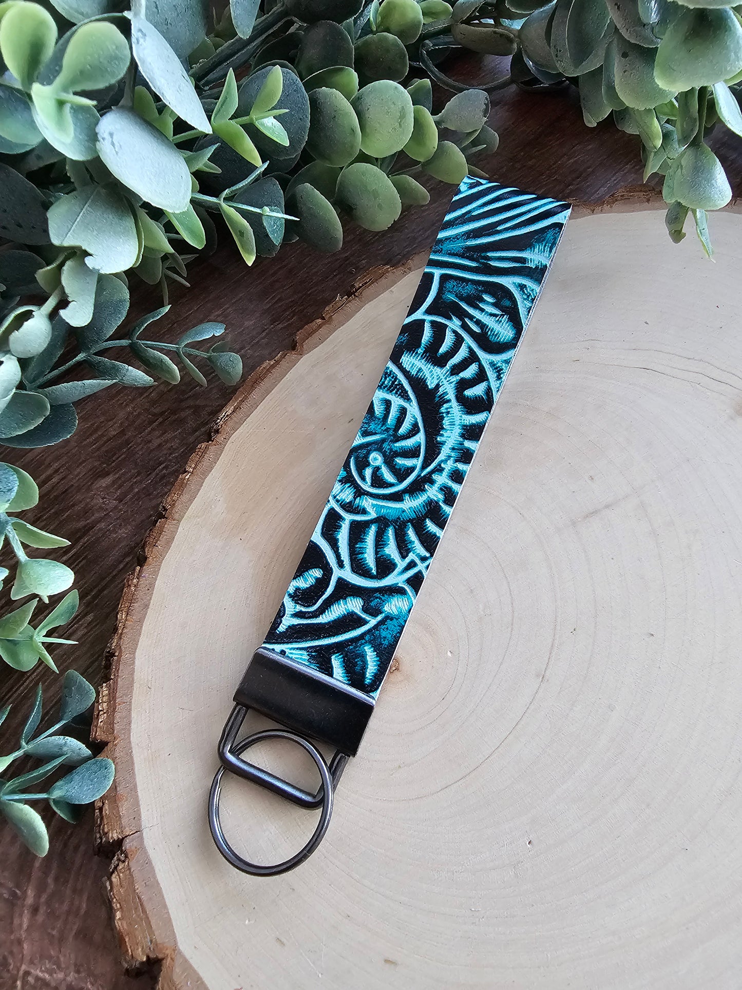 Aquamarine Tooled Wristlet Keychain/Key Fob