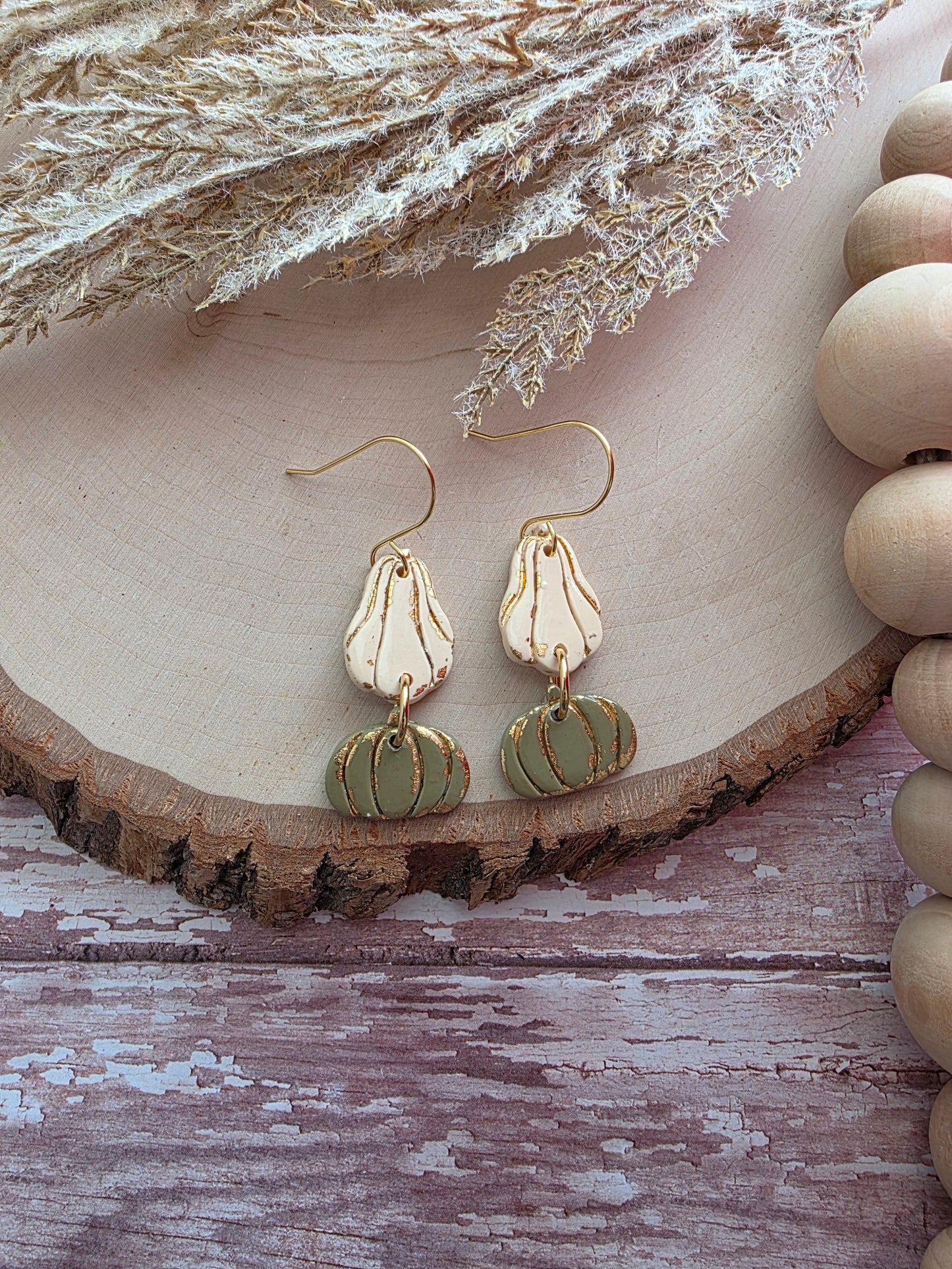 Cream & Green Stacked Goard Earrings - Polymer Clay