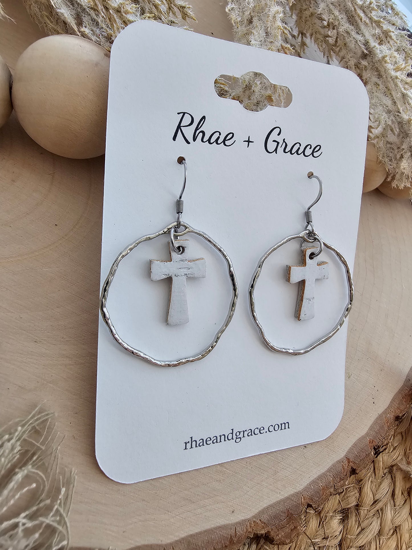 White & Siver Dainty Round Cross Earrings