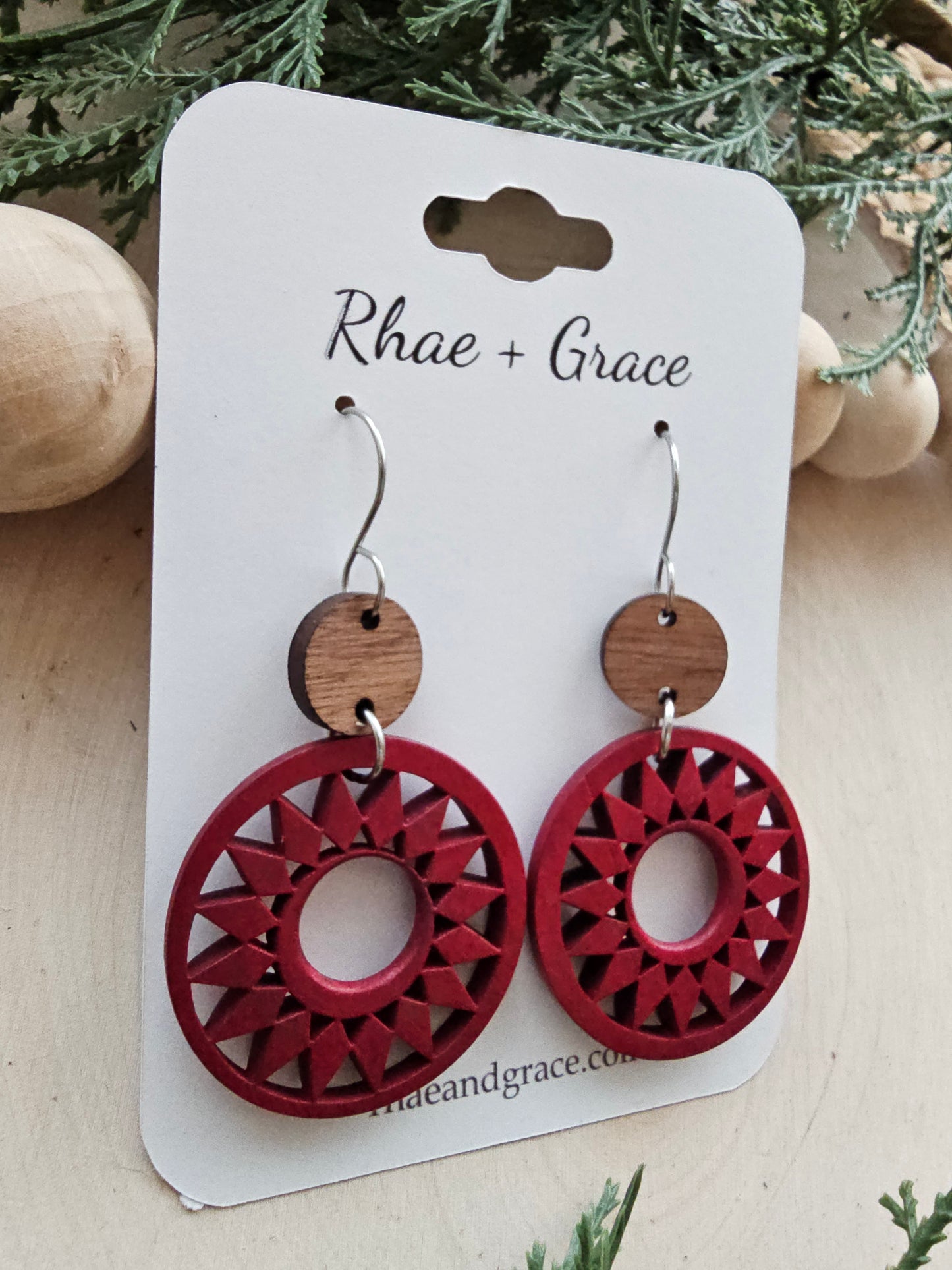 Deep Red Wood Star Hoop Earrings