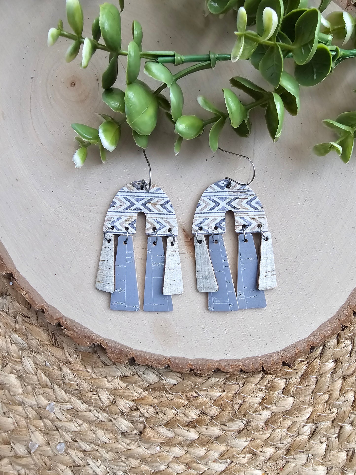 Grey Blue & Tan Aztec Boho Chandelier Earrings