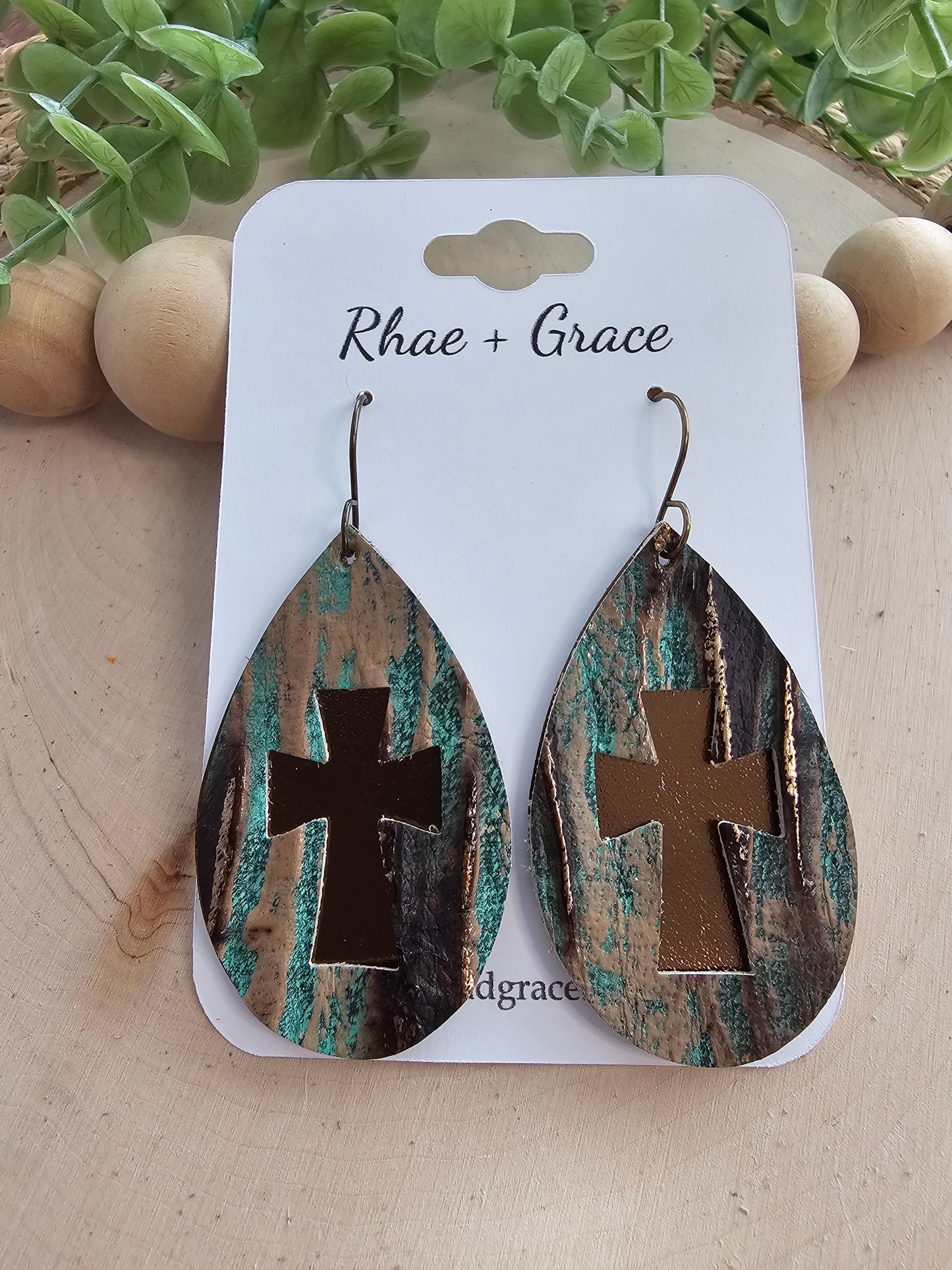 Rustic Teal Beachwood & Bronze Layered Cross Teardrop Earrings