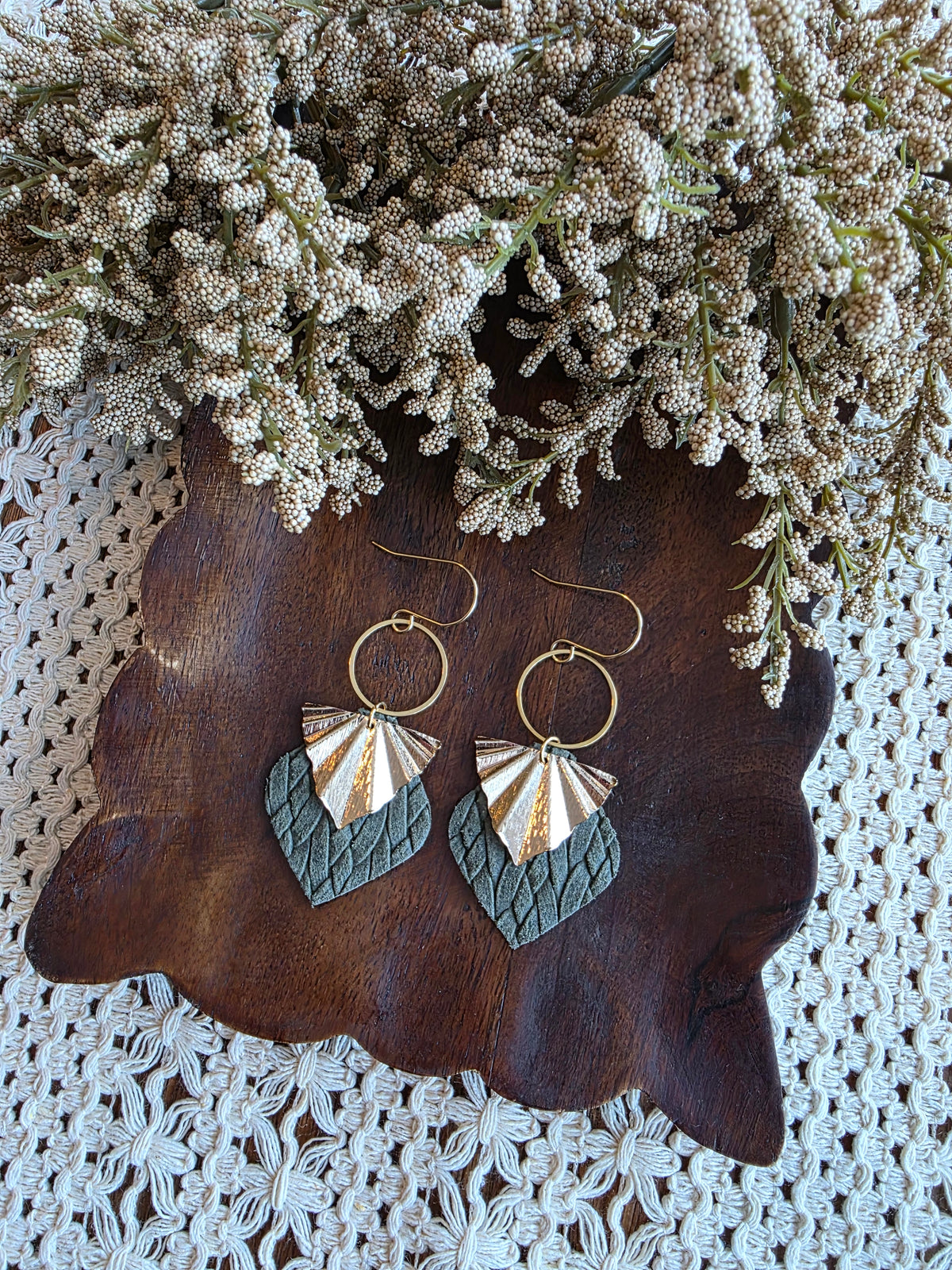 Olive Green Braided Gold Fan Earrings