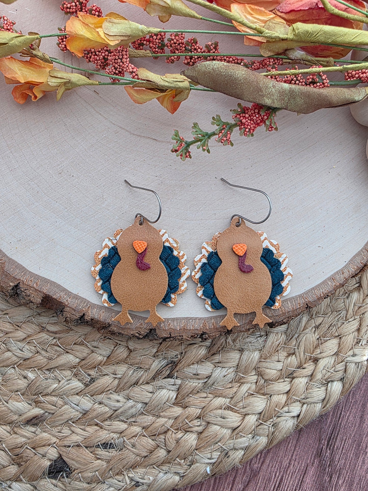 Mustard Chevron & Teal Turkey Earrings