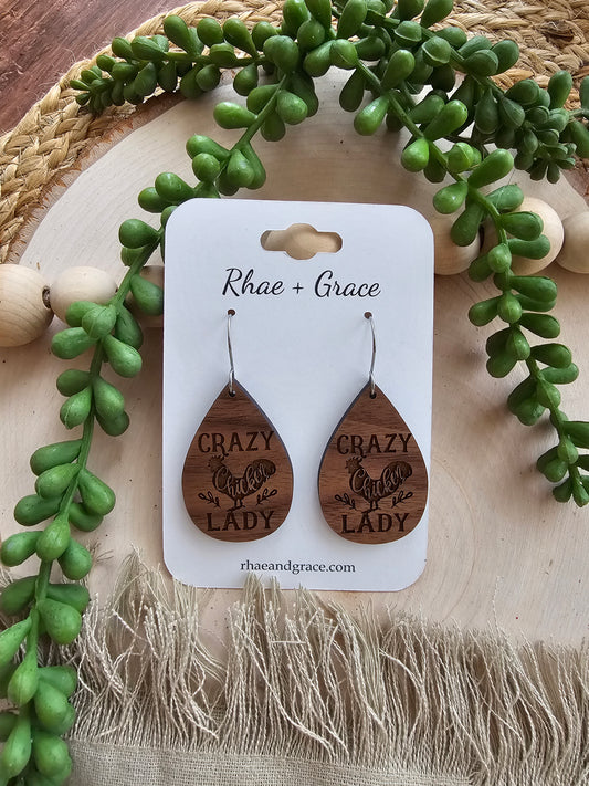 Crazy Chicken Lady Wood Teardrop Earrings