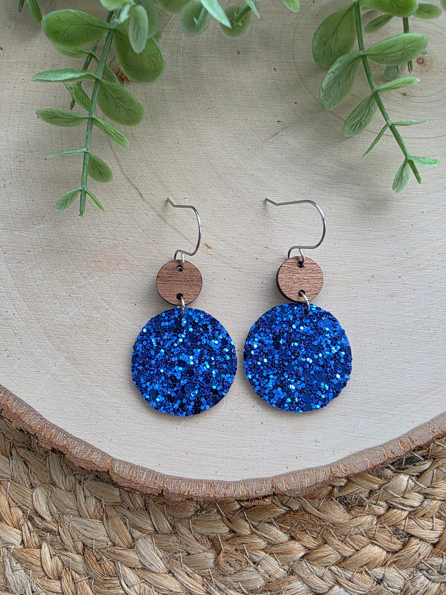 Royal Blue Glitter Circle Drop Earrings
