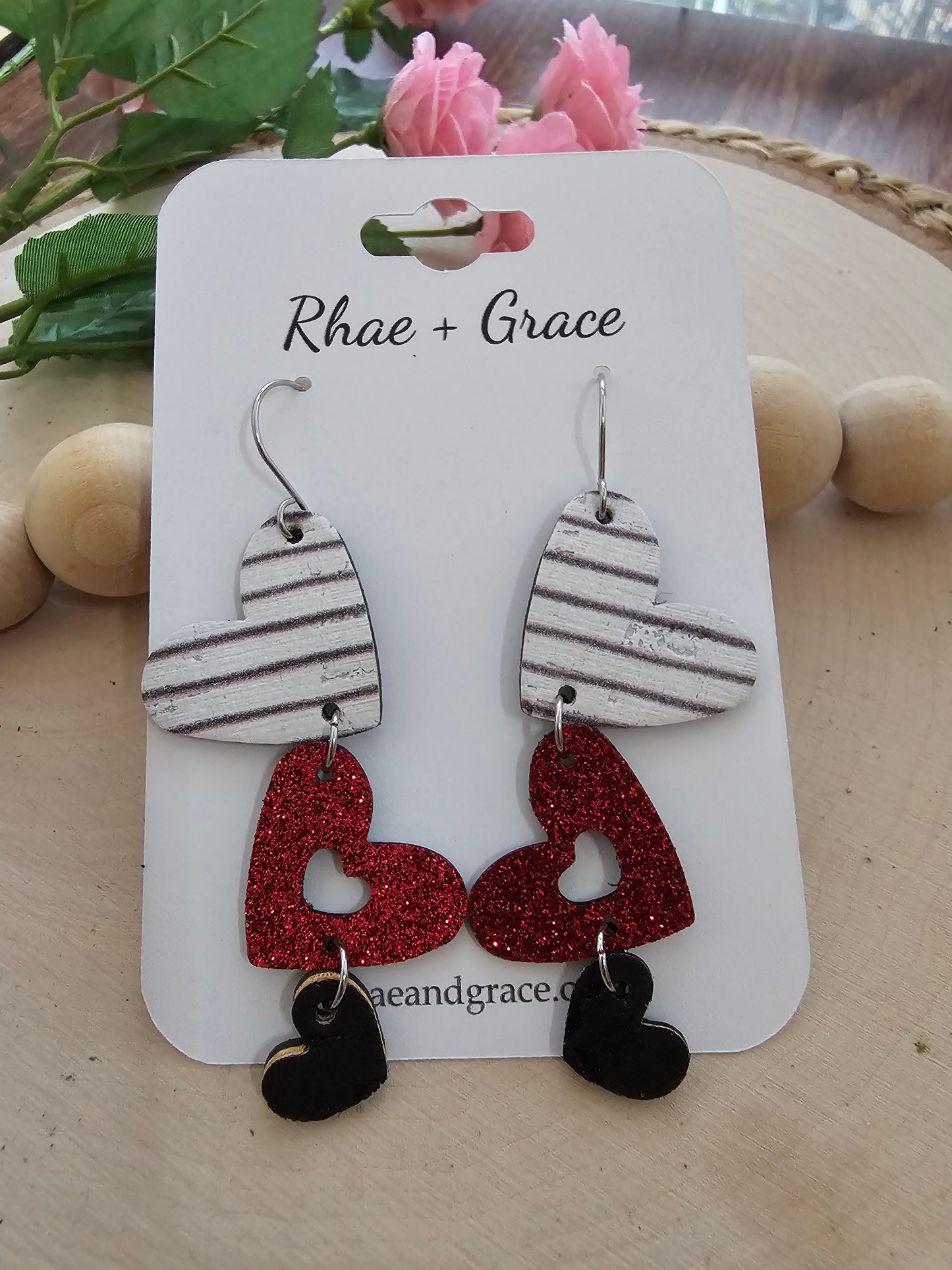 Red Glitter & Striped Cascading Heart Earrings