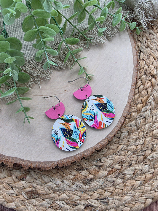 Colorful Tropical Floral Circle Earrings - Pink Top