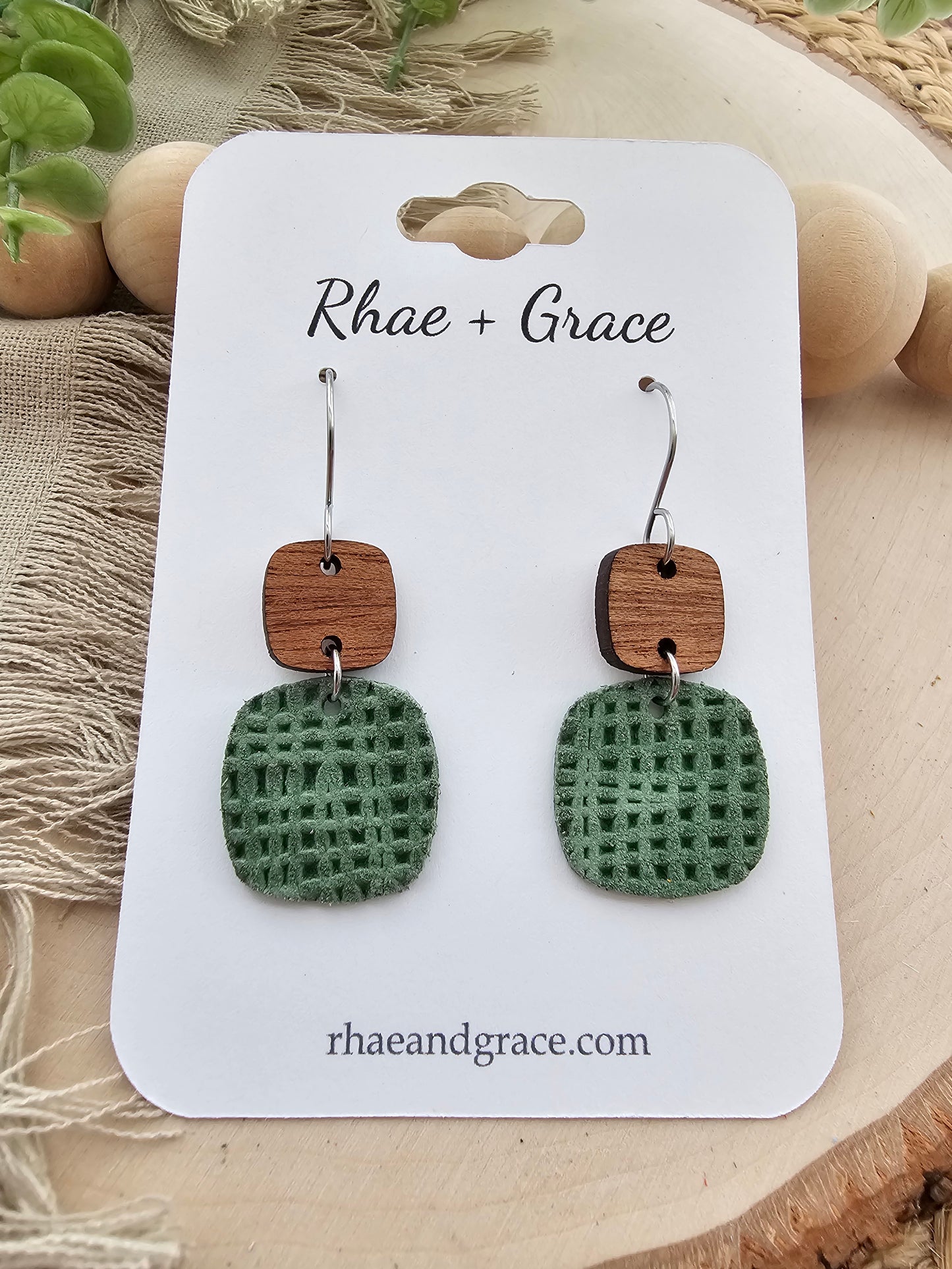 Green Linen Embossed Rounded Square Earrings