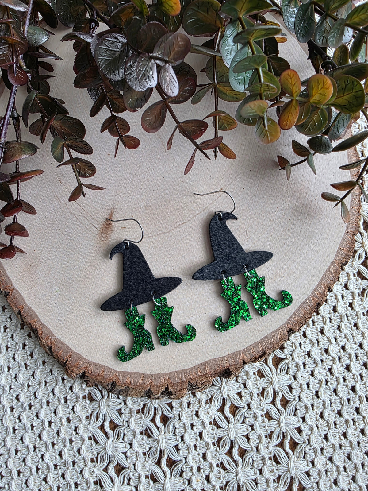 Witch Hat with Green Glitter Boots Earrings