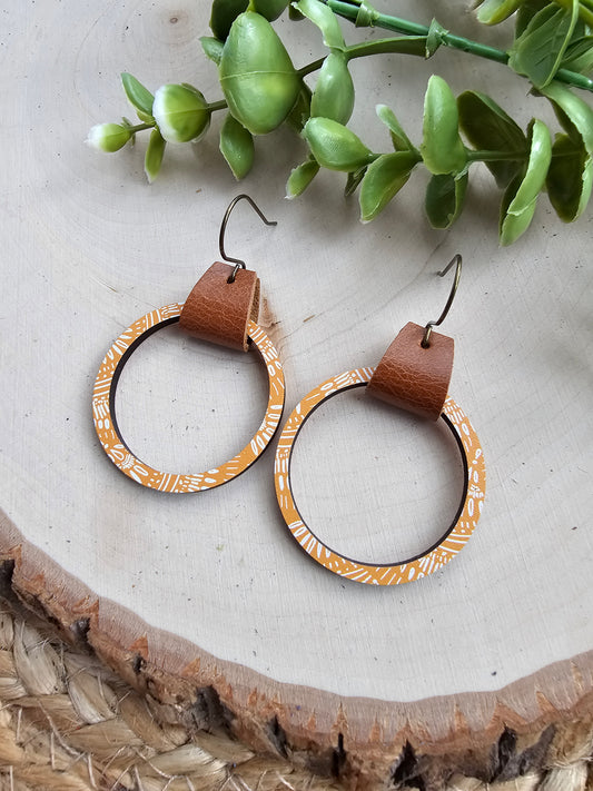 Mustard Boho Brown Leather & Single Wood Hoop Earrings