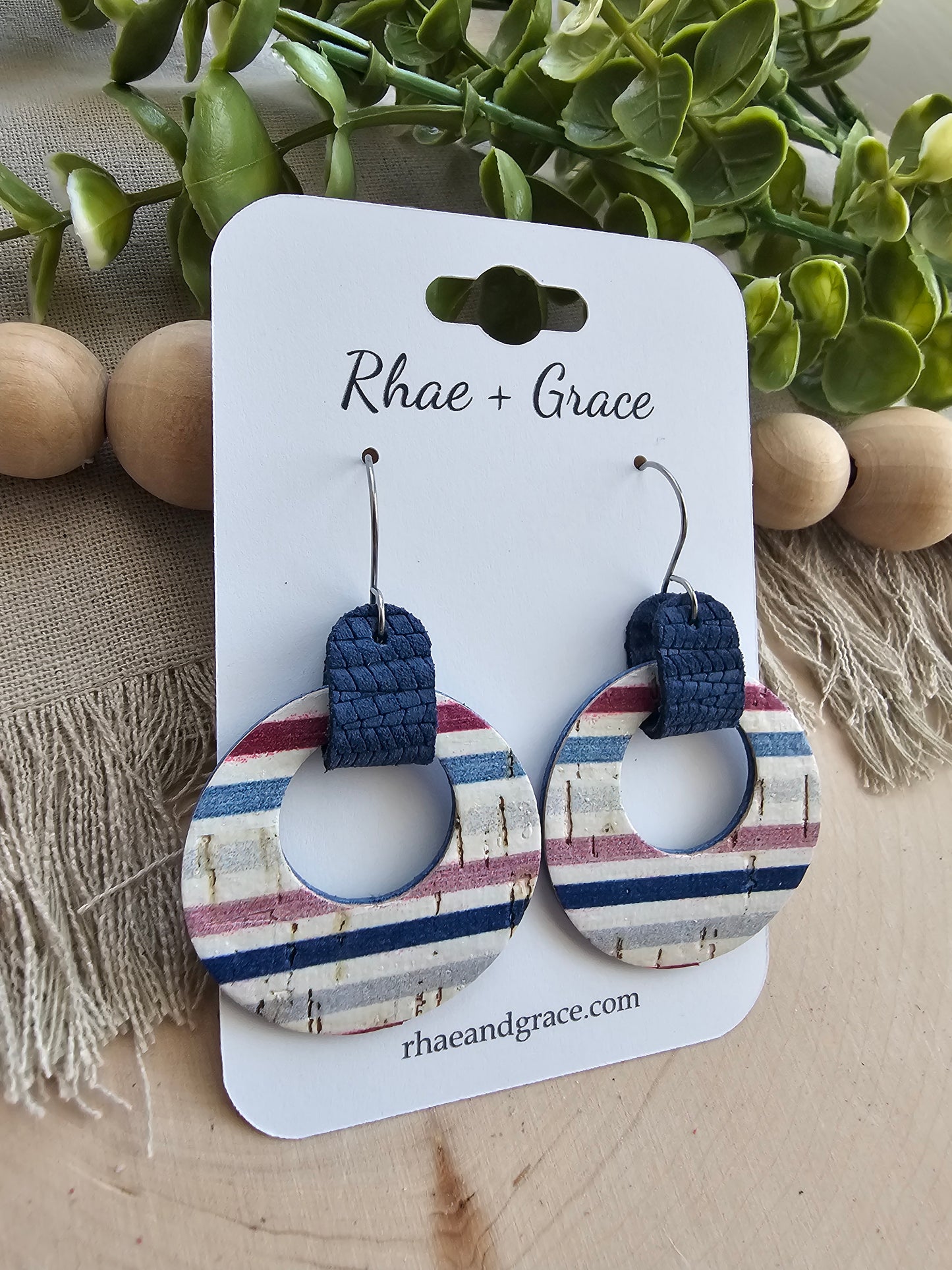 Striped Blue, White & Maroon Looped Cicle Cutout Earrings