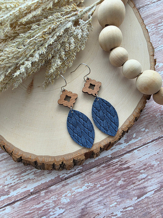 Navy Blue Leather Leaf Earrings