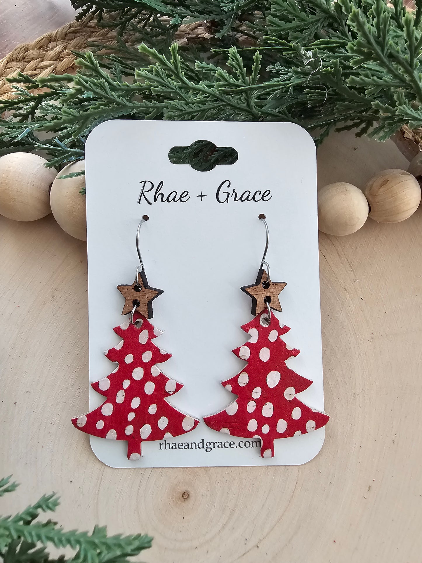 Red & White Spotted Christmas Tree Earrings