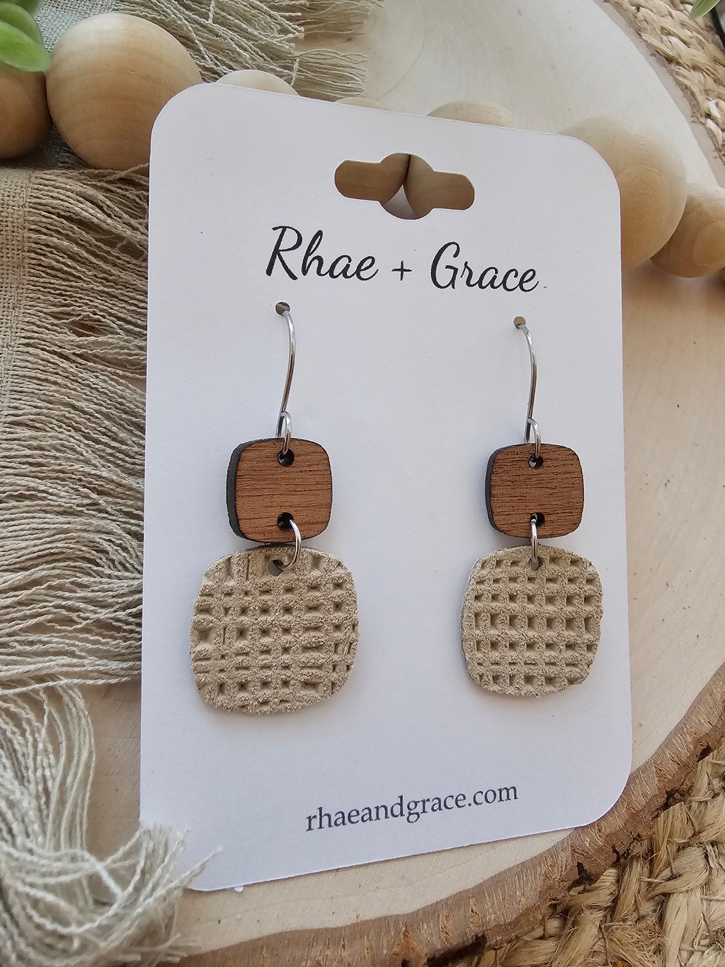 Beige Tan Embossed Rounded Square Earrings